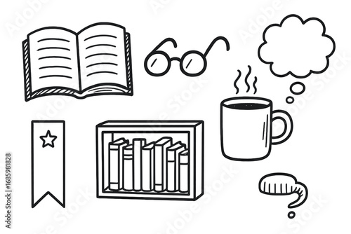 Coffee and Books Doodles. Coffee and books: hand drawn doodles of open book, reading glasses, steaming mug, bookmark, bookshelf,