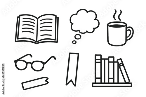 Coffee and Books Doodles. Coffee and books: hand drawn doodles of open book, reading glasses, steaming mug, bookmark, bookshelf,
