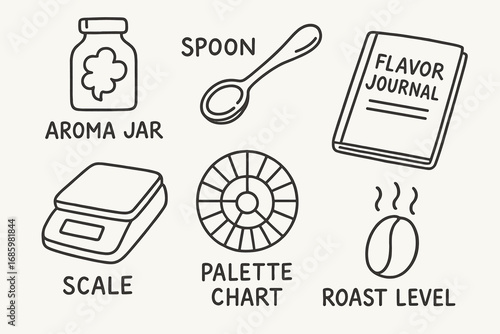 Coffee Tasting Tools. Coffee tasting tools: hand drawn doodles of aroma jar, spoon, scale, flavor journal, palette chart, and