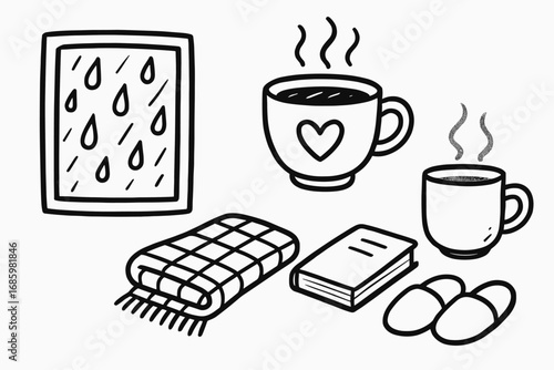 Cozy Rainy Day. Rainy day coffee: hand drawn doodles of raindrops on window, cozy cup, blanket, book, foggy mug, and slippers.