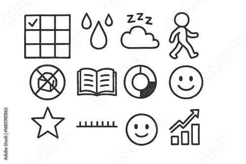 Habit Tracker Icons. Habit tracker doodle icon set: hand drawn icons of checkbox grid, water drops, sleep icon, walking emoji, no