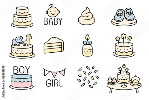 Baby Shower Cake Icons. Baby shower cake doodle icon set: hand drawn icons of tiered cake, baby topper, frosting swirl, baby shoes