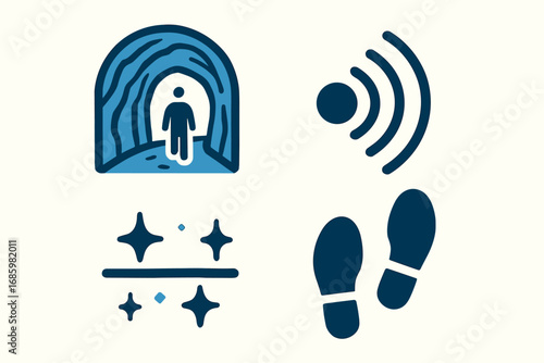 Ice Tunnel Experience. Stylized flat vector of ice tunnel walk-through and immersive experience icon set for arch form, echo icon,