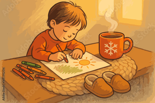 Cozy Morning Coloring. Scene with child coloring by morning light and creative cozy icon set for crayons, wool mat, slippers and