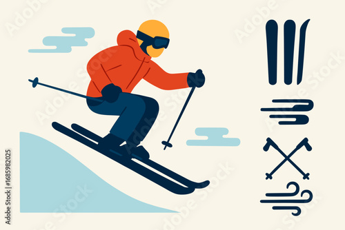 Skier in Action. Flat vector illustration featuring skier jumping over slope and dynamic motion icon set for skis, speed lines,