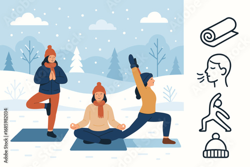 Winter Yoga Retreat. Clean vector illustration of winter yoga group outdoors and wellness activity icon set for mat, breath icon,