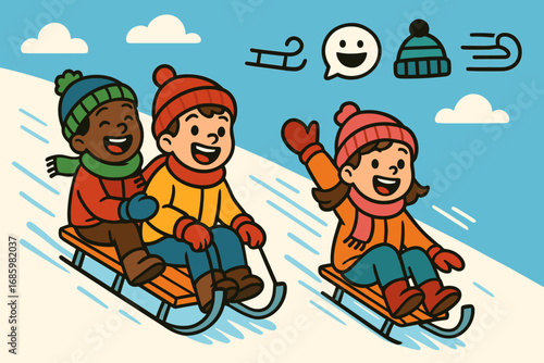 Family Sledding Fun. Bright banner portraying kids sledding down hill and family fun icon set for sled, laughter bubble, wool hat