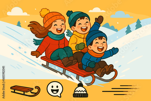 Family Sledding Fun. Bright banner portraying kids sledding down hill and family fun icon set for sled, laughter bubble, wool hat
