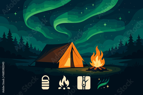 Illuminated Tent Under Auroras. Scene illustration showing tent illuminated under polar sky and camping icon set for sleeping bag,