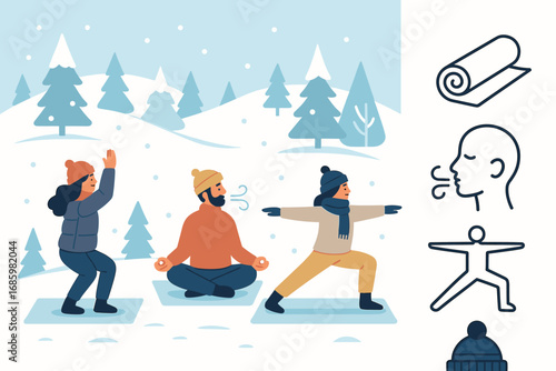 Winter Yoga Retreat. Clean vector illustration of winter yoga group outdoors and wellness activity icon set for mat, breath icon,