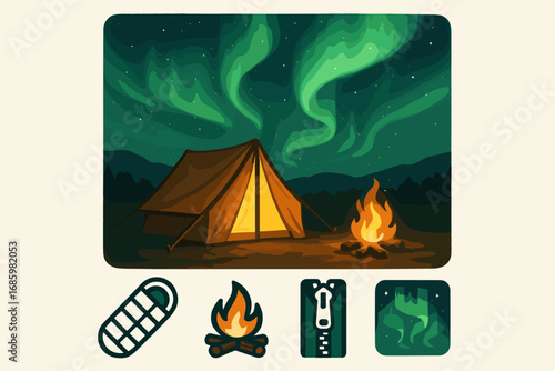 Illuminated Tent Under Auroras. Scene illustration showing tent illuminated under polar sky and camping icon set for sleeping bag,
