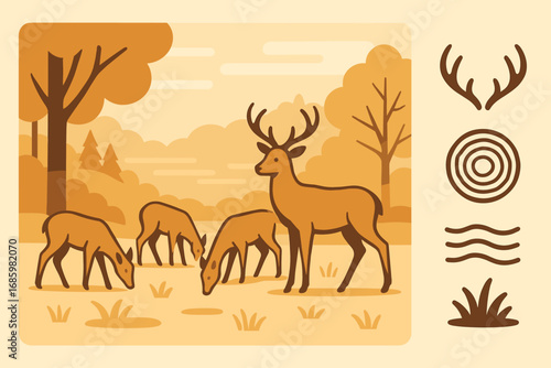 Deer Grazing Vector. Modern vector panel showing group of deer grazing in clearing and calm nature icon set for antler group, tree