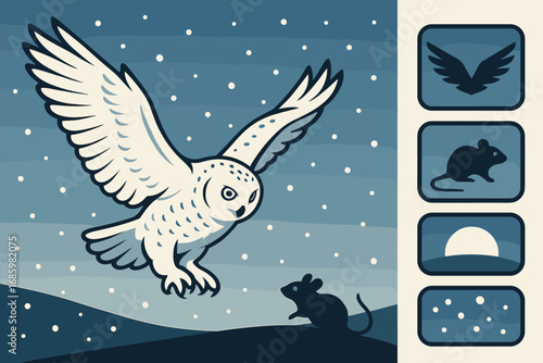 Snowy Owl Hunt. Vector layout showing snowy owl hunting in dusk light and sharp sight icon set for wide wings, prey marks, dusk