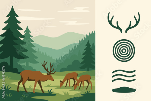 Deer Grazing Vector. Modern vector panel showing group of deer grazing in clearing and calm nature icon set for antler group, tree