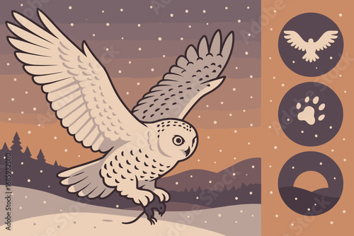 Snowy Owl Hunt. Vector layout showing snowy owl hunting in dusk light and sharp sight icon set for wide wings, prey marks, dusk