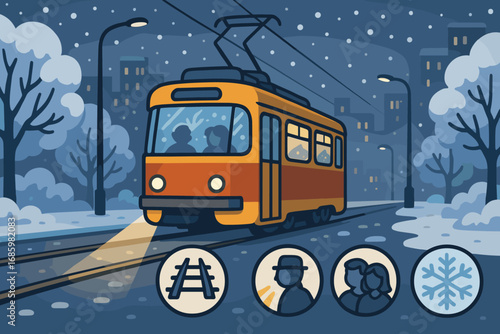 Tram in Snowy Night. Cartoon-style banner depicting tram moving through snowy avenue and evening transport icon set for tracks,