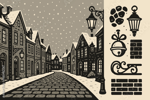 Old Town Winter Charm. Wide vector layout with old town street under snowfall and nostalgic icon set for cobblestones, iron lamps,