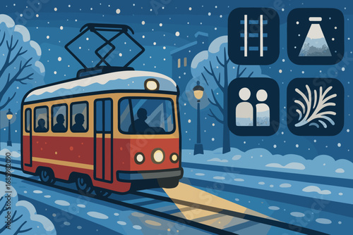 Tram in Snowy Night. Cartoon-style banner depicting tram moving through snowy avenue and evening transport icon set for tracks,