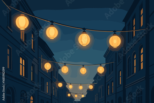 Glowing Lantern Street. Horizontal artwork with glowing lanterns strung between buildings and light design icon set for cables,