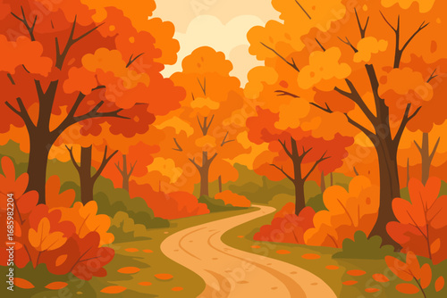 Leafy Fall Trail. Vector illustration of leafy trail surrounded by vibrant fall foliage, ideal for seasonal backgrounds, greeting