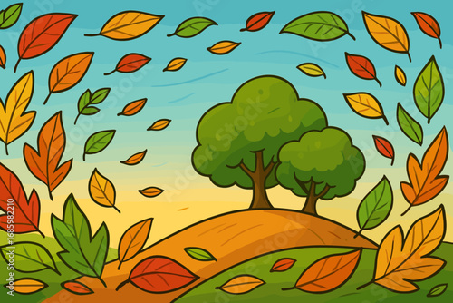 Hilltop Serenity. Cartoon-style vector banner with vibrant leaves swirling around quiet hilltop trees and golden horizon under