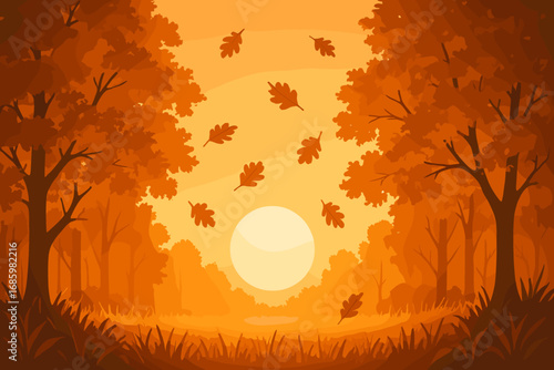 Dawn Forest Edge. Vector art of forest edge at dawn with rising sun behind amber-colored trees, glowing grass and falling oak