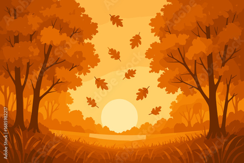 Dawn Forest Edge. Vector art of forest edge at dawn with rising sun behind amber-colored trees, glowing grass and falling oak