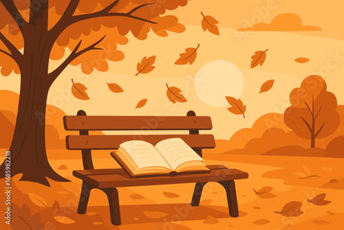 Autumn Serenity. Autumn-themed vector of open book on a park bench under tree, leaves falling around and ambient sunset mood.