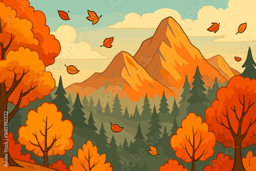 Autumn Mountain Splendor. Cartoon-style banner of mountain landscape in autumn, with trees ablaze in color and leaves flying over