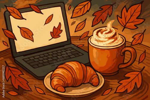 Morning Coffee Retreat. Stylized artwork of morning coffee break with laptop, croissant, and cinnamon latte surrounded by falling