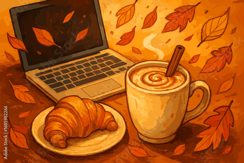 Morning Coffee Retreat. Stylized artwork of morning coffee break with laptop, croissant, and cinnamon latte surrounded by falling