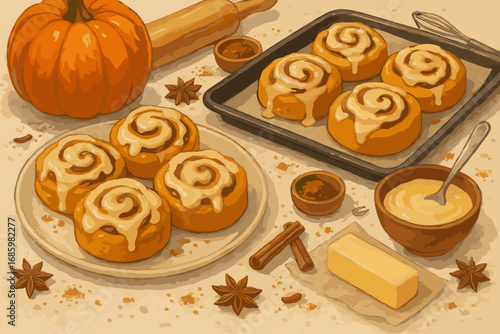Pumpkin Cinnamon Delights. Illustrated countertop scene with pumpkin cinnamon rolls, butter glaze, baking tools and scattered