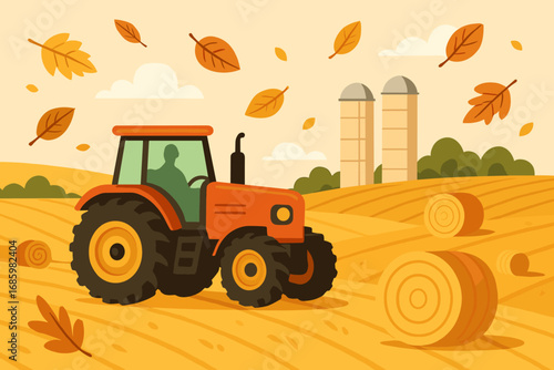 Tractor in Golden Field. Charming vector layout of tractor rolling across golden field with hay rolls, distant silos and scattered