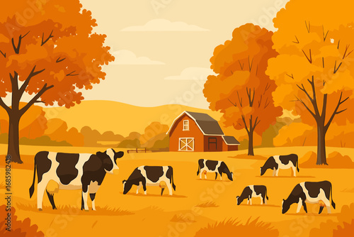 Autumn's Pastoral Bliss. Horizontal vector banner of peaceful cow pasture bordered by fall trees, distant barn and golden hills.