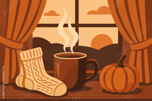 Cozy Evening Tea. Vector illustration of evening tea setup by window — steaming mug, wool socks, pumpkin decor and amber-hued