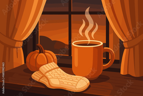 Cozy Evening Tea. Vector illustration of evening tea setup by window — steaming mug, wool socks, pumpkin decor and amber-hued