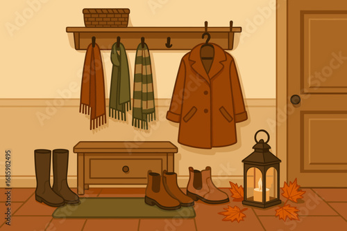 Cozy Hallway Entrance. Vector illustration of cozy hallway entrance with coat rack, scarves, boots and glowing lantern with maple