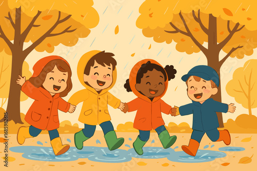Autumn Rain Joy. Vector illustration of kids skipping through puddles in rain boots under golden trees after autumn drizzle.