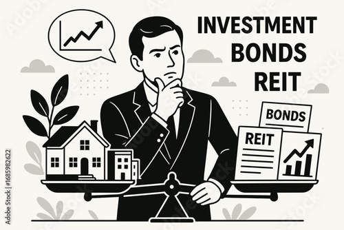Comparing Investment Options. Vector scene of real estate investor comparing property assets to market investment bonds and REIT