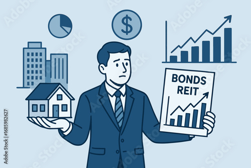 Comparing Investment Options. Vector scene of real estate investor comparing property assets to market investment bonds and REIT