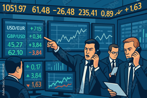 Trading Floor Vector Art. Vector artwork of trading floor with brokers, monitors, stock ticker tape and real-time financial data.