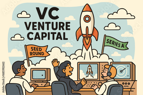Rocket-Powered Brand Launch. Cartoon-style VC brand promotion with rocket launch, funding round flags, and mission control visuals