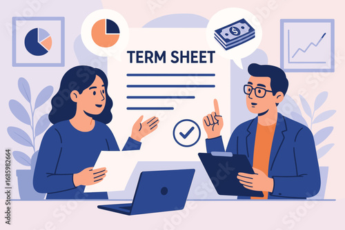 Term Sheet Negotiation. Modern illustration of term sheet discussion — contract terms, equity clauses, liquidation preference