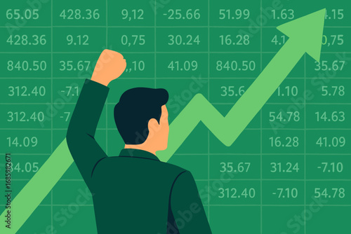 Bullish Market Victory. Flat vector of bullish market trend with investor raising fist, arrow rising, and background ticker tape.
