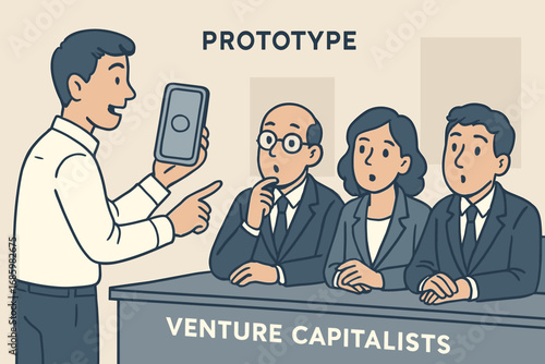 Prototype Presentation Panel. Horizontal vector banner with founder demoing prototype product to panel of venture capitalists with
