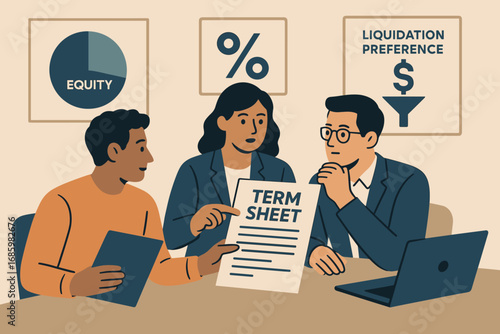 Term Sheet Negotiation. Modern illustration of term sheet discussion — contract terms, equity clauses, liquidation preference