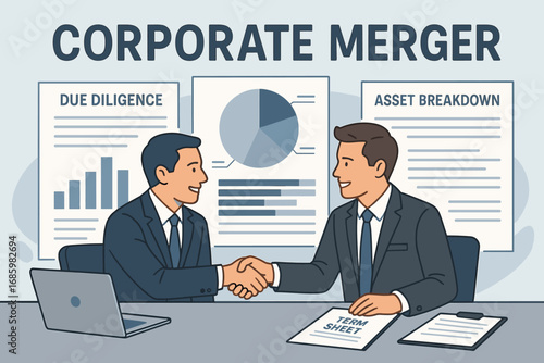 Corporate Merger Negotiations. Banner of corporate merger negotiation with financial due diligence charts, term sheets, and asset