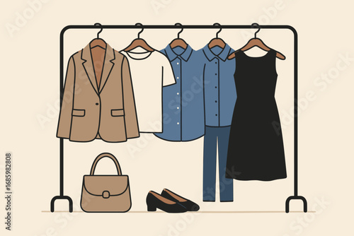Capsule Wardrobe Setup. Horizontal vector layout of capsule wardrobe setup — few versatile items on simple clothing rack.