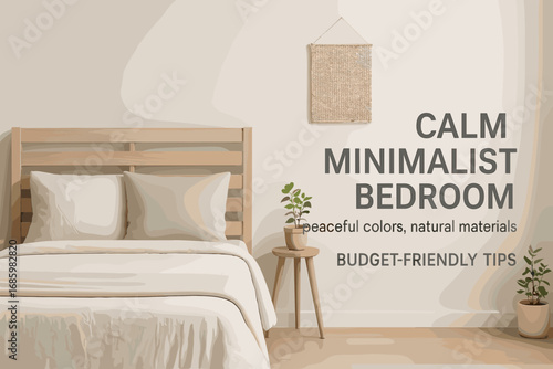Minimalist Bedroom Design. Modern banner of calm minimalist bedroom with peaceful colors, natural materials and budget-friendly