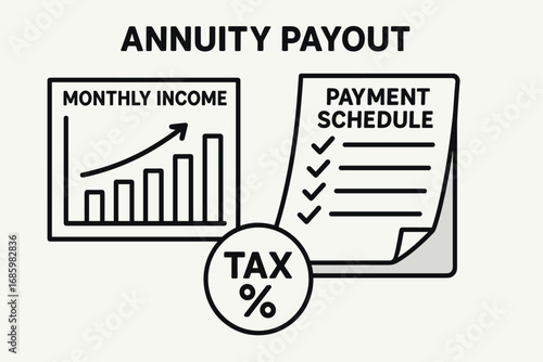 Annuity Payout Overview. Vector composition of annuity payout plan — monthly income chart, payment schedule, and tax